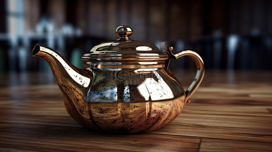 质朴的木桌 3d 渲染上展示的精致复古黄铜铜茶壶