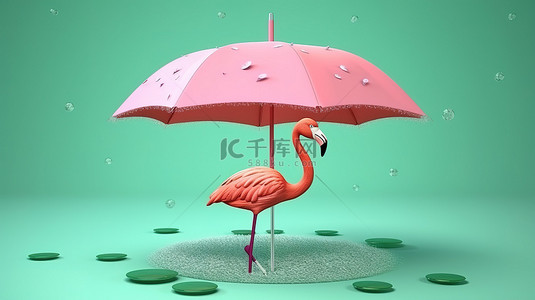 粉色儿童背景图片_火烈鸟泳池漂浮带雨伞，在柔和的绿色背景下 3D 渲染，适合夏季旅行