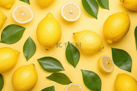 黄色背景上的一串柠檬，有叶子