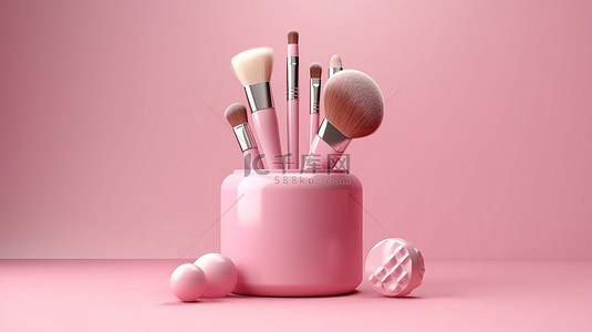粉红色背景上彩色化妆品的充满活力的 3D 插图