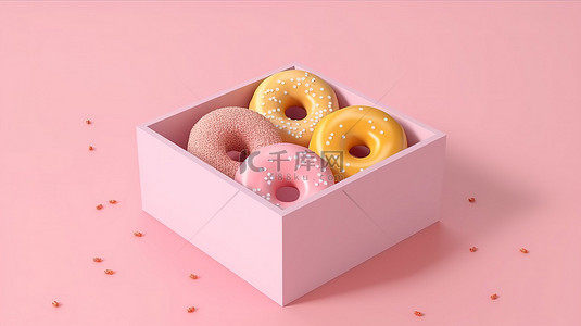糕点场景背景图片_1 等距场景，采用创意甜甜圈盒设计的简约 3D 渲染