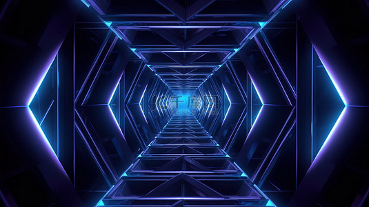 深蓝色菱形隧道创意 3D 插图，具有抽象装饰品和霓虹灯发光
