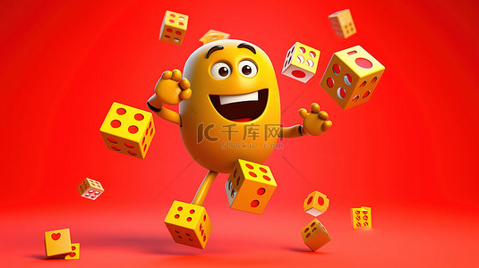 游戏世界背景图片_地球吉祥物的 3D 渲染与红色游戏骰子立方体在充满活力的黄色背景上飞行