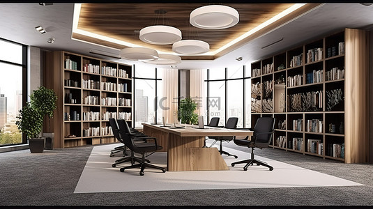 现代办公空间会议室地毯地板书架柜和投影仪屏幕 3D 渲染内部