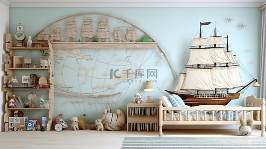 白色床背景图片_迷人儿童房的 3D 渲染，配有白色床复古船和架子上的俏皮玩具