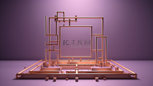 紫色和铜框架中最小几何形状的 3D 渲染