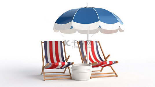白色和蓝色海滩天堂 3d 渲染的躺椅伞救生圈和白色背景上的沙滩球