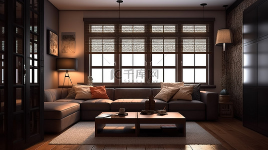现代舒适的客厅以 3D 形式呈现出来