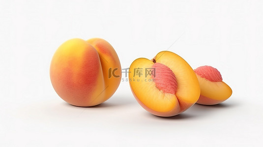 新鲜水果采摘背景图片_新鲜采摘的桃子三重奏，带有石头和切片，白色背景 3D 渲染