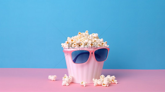 淡蓝色和粉色背景上的爆米花桶和 3D 眼镜