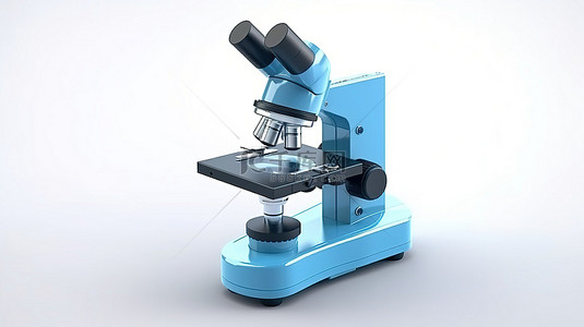 实验室器材背景图片_蓝色色调白色背景现代实验室显微镜的 3D 渲染
