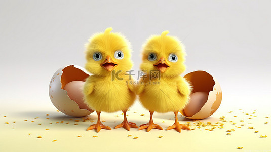 复活节快乐背景图片_3d 插图中的搞笑小鸡可爱动物