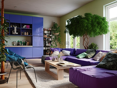 以蓝色和紫色装饰的客厅