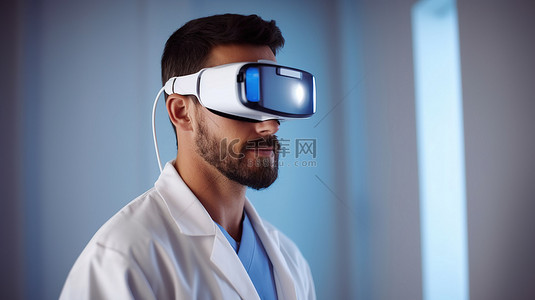 vr器材背景图片_戴 3D VR 眼镜的男医生的详细视图