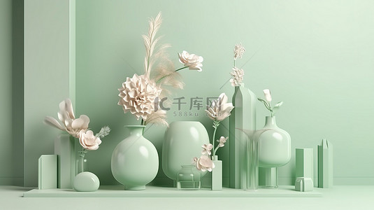 米色花瓶背景图片_高架 3D 展示玻璃花瓶鲜花和装饰花瓶在柔和的绿色和米色背景上