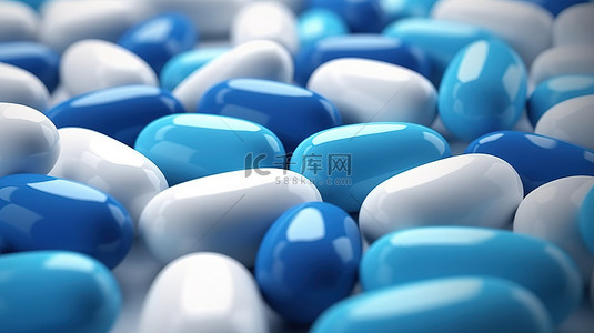 白色背景上蓝色和白色药物胶囊的 3D 渲染