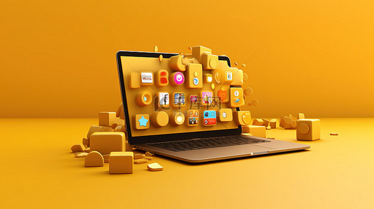 充满活力的黄色背景上的社交媒体图标和笔记本电脑模型的 3D 渲染