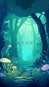 神秘绿色背景图片_彩色蘑菇小路神秘的森林自然风景