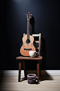 黑色椅子木制尤克里里琴和一杯咖啡