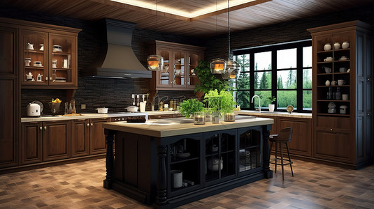 现代风格装饰背景图片_现代风格的经典厨房 3D 渲染的深色木质空间