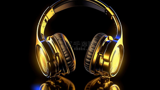 特写 3D 渲染反射无线耳机，黑色背景上闪闪发光的金色饰面，霓虹灯照明