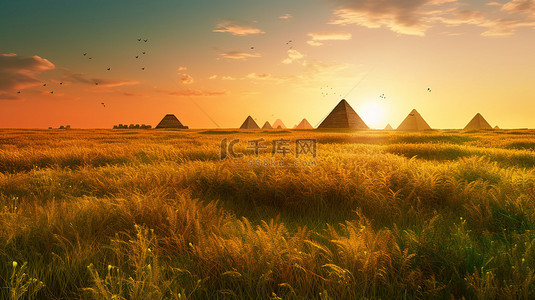 古老金字塔中的日落，郁郁葱葱的绿色植物和令人惊叹的 3d 橙色天空