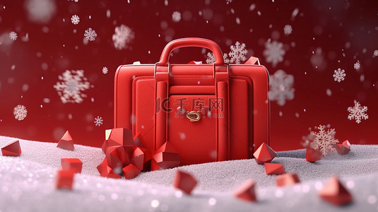外国志愿者背景图片_带有雪花口音的红色袋子的 3D 插图，里面装有新年和圣诞节的礼物和金钱