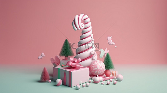 可爱的圣诞树卡通片悬浮在空中，带有礼盒节日球和糖果手杖 3D 渲染