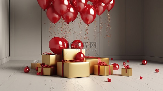 红色3礼盒背景图片_逼真的 3D 室内渲染，以金色和红色气球礼盒为特色，带丝带模型