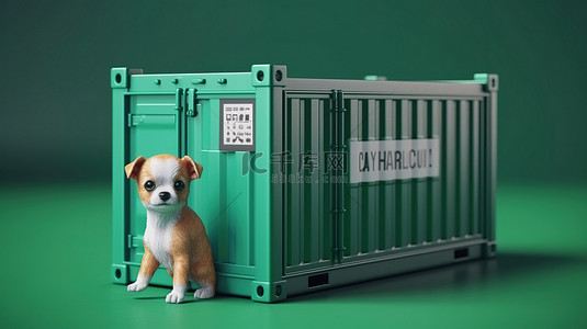 以小狗为特色的动物运输容器的 3D 渲染