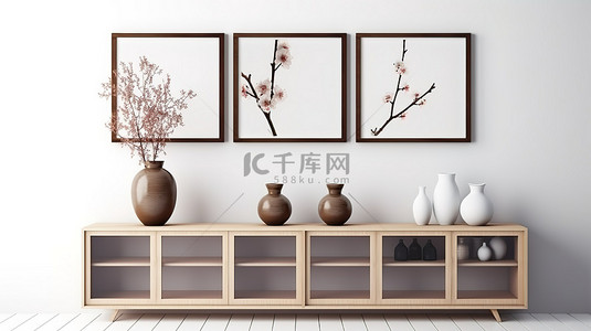 日本房子框架背景图片_渲染的 3D 日本框架装饰着白墙的橱柜