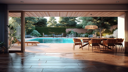 敞开的门的 3D 渲染，俯瞰自然现代客厅和餐厅，配有泳池露台背景