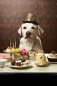 动物小狗狗背景图片_一只狗坐在一盘零食和帽子前面
