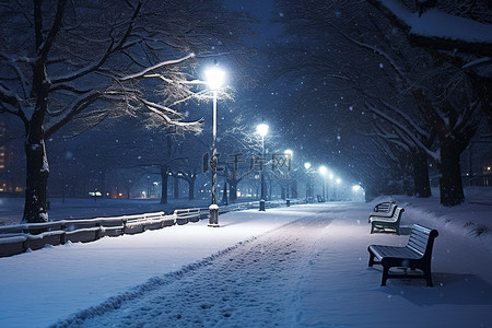 雪夜景背景图片_一条被雪覆盖的小路，有灯光