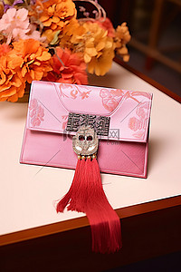 小信封背景图片_一个粉红色的小信封放在一张木桌上，上面有一个紫色的蝴蝶结