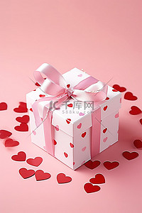 空盒子上面背景图片_粉红色表面上的一个空礼品盒，上面有白色的心
