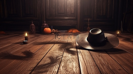 在万圣节的木地板上，一顶 3D 女巫的帽子站在满月背景下