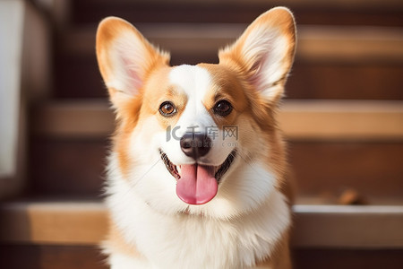 一只棕色和白色的狗坐在楼梯上微笑