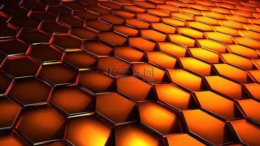 抽象橙色背景上的六边形细胞和三角形图案，用于科技壁纸的 3D 渲染矩阵网络