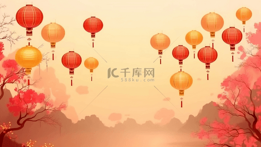 传统红色边框背景图片_春节群山灯笼花树背景