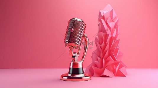 颁奖模板背景图片_3D 插图中的复古粉色麦克风是录音室卡拉 OK 之夜和音乐颁奖典礼的完美补充