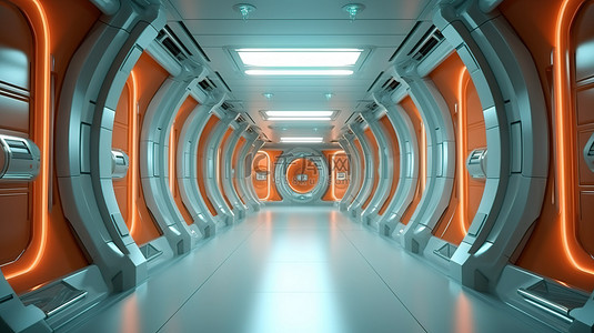 未来派室内设计 3D 渲染科幻走廊作为背景