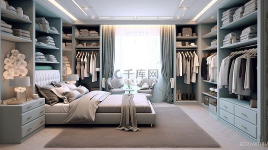 豪华现代卧室配有步入式衣柜珠宝装饰和别致的灰色家具 3D 渲染