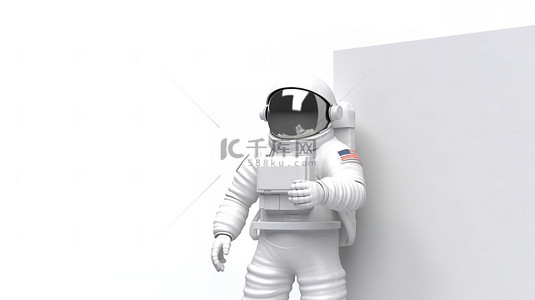 拿着面板标语牌的宇航员的白色背景 3D 渲染