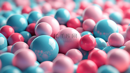 极简主义海报混沌 3D 渲染抽象粉色和蓝色球体与气泡