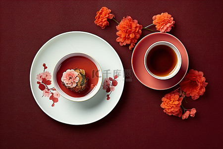 一个中国茶盘，上面有中国食物和一个粉红色的杯子