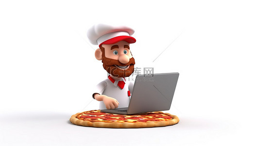 虚拟披萨外卖 3D 角色披萨经销商将披萨带到 3D 渲染的白色背景上的屏幕上