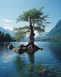 湖水背景图片_一棵树在湖水清澈的地方