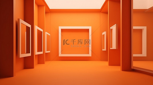 背景墙画背景图片_带有空白橙色背景的画廊墙，带有 3D 渲染的空白相框