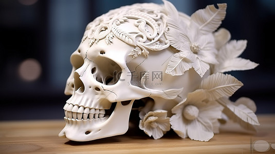 骷髅恐怖背景图片_巴洛克风格的白色骷髅装饰，带有花卉图案，3D 打印，细节极其逼真
